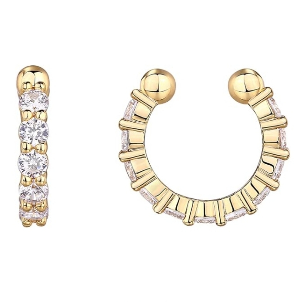 14K Gold Plated CZ Sparkling Round Huggie Ear Cuff Clip On Earrings